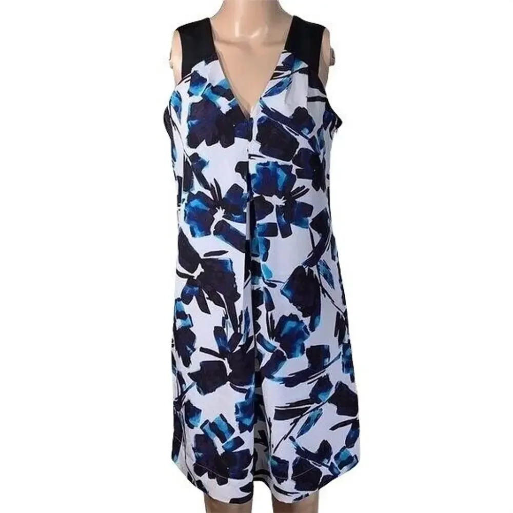 Simply Vera Vera Wang Womens Dress Silky Sleeveless Blue Black Floral Small